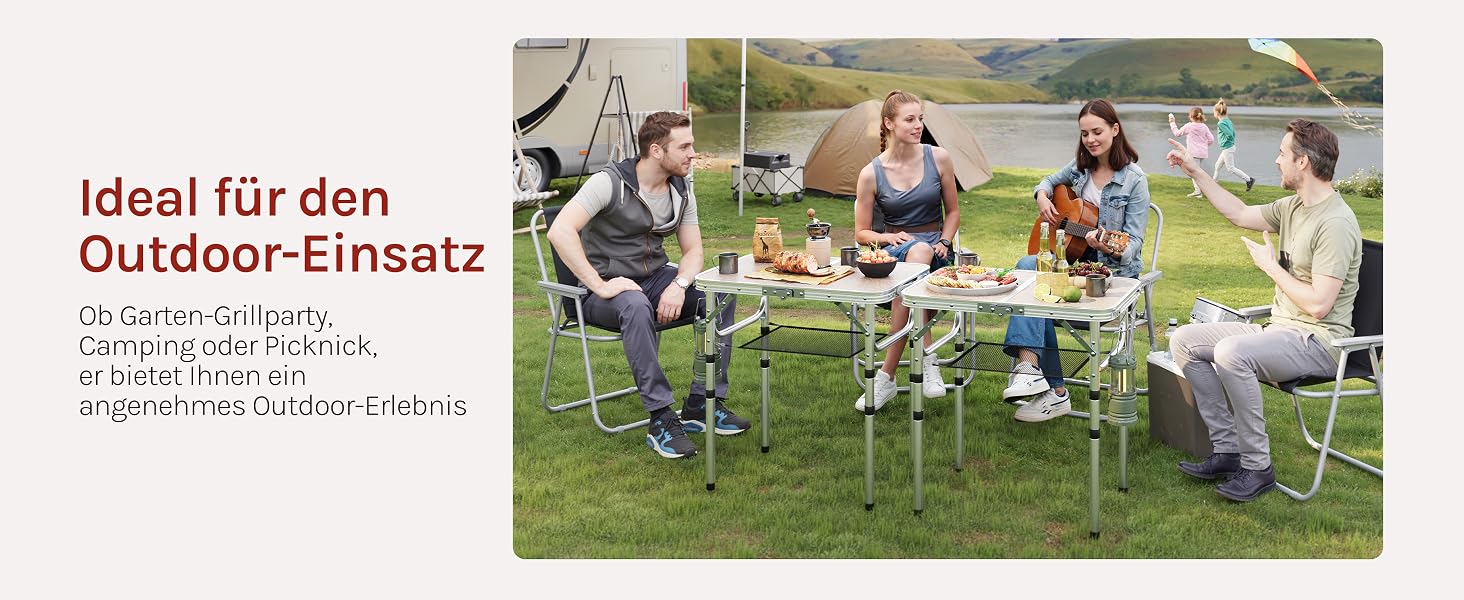 Der Text lautet „Ideal für den Outdoor-Einsatz“. Mehrere Außenszenen zeigen, wie Klappstühle und Tische auf Gras für Versammlungen im Freien verwendet werden.