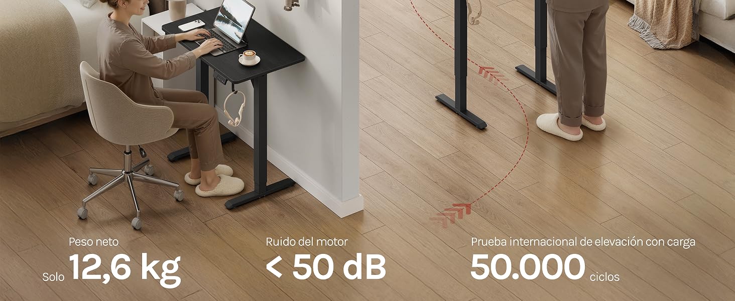 El texto dice «12,6 kg», «< 50 dB», «50 000 ciclos». Imágenes de especificaciones del producto que muestran detalles técnicos y medidas.