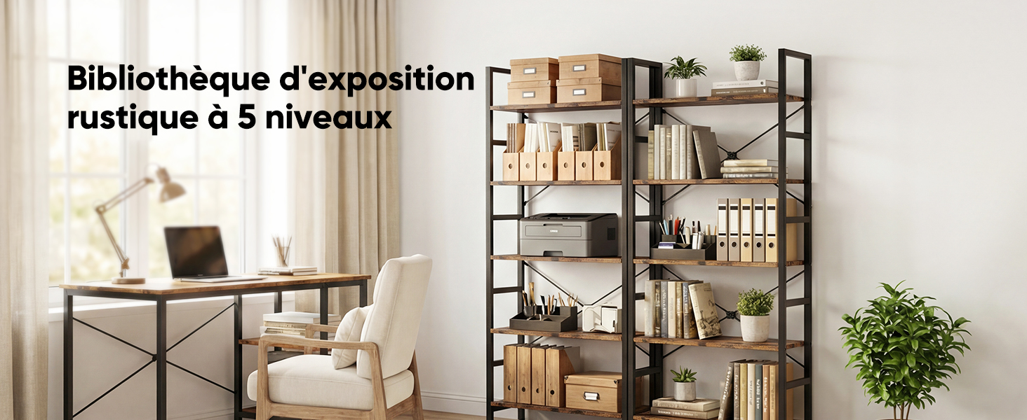 Le texte se lit comme suit : « Bibliothèque d'exposition ». Étagère de style industriel à plusieurs niveaux présentée dans une pièce à éclairage chaleureux avec un décor minimaliste.