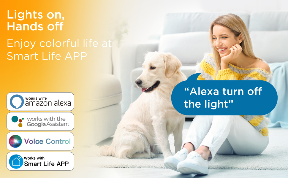 Die Smart-Home-Lichtsteuerungsschnittstelle zeigt Kompatibilität mit Alexa, Google Assistant und der Smart Life App und bietet Sprachsteuerungsfunktionen.