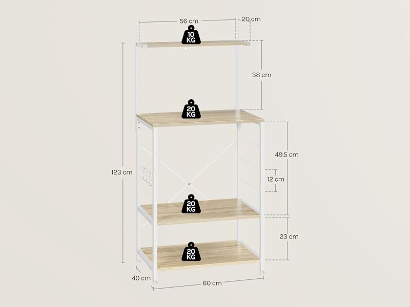 Schema tecnico dello scaffale a parete a quattro livelli con staffe nere e ripiani in legno naturale. Dimensioni contrassegnate: 80 cm di larghezza, 82 cm di altezza, 20 cm di profondità per ripiano. Schema di assemblaggio mostrato.