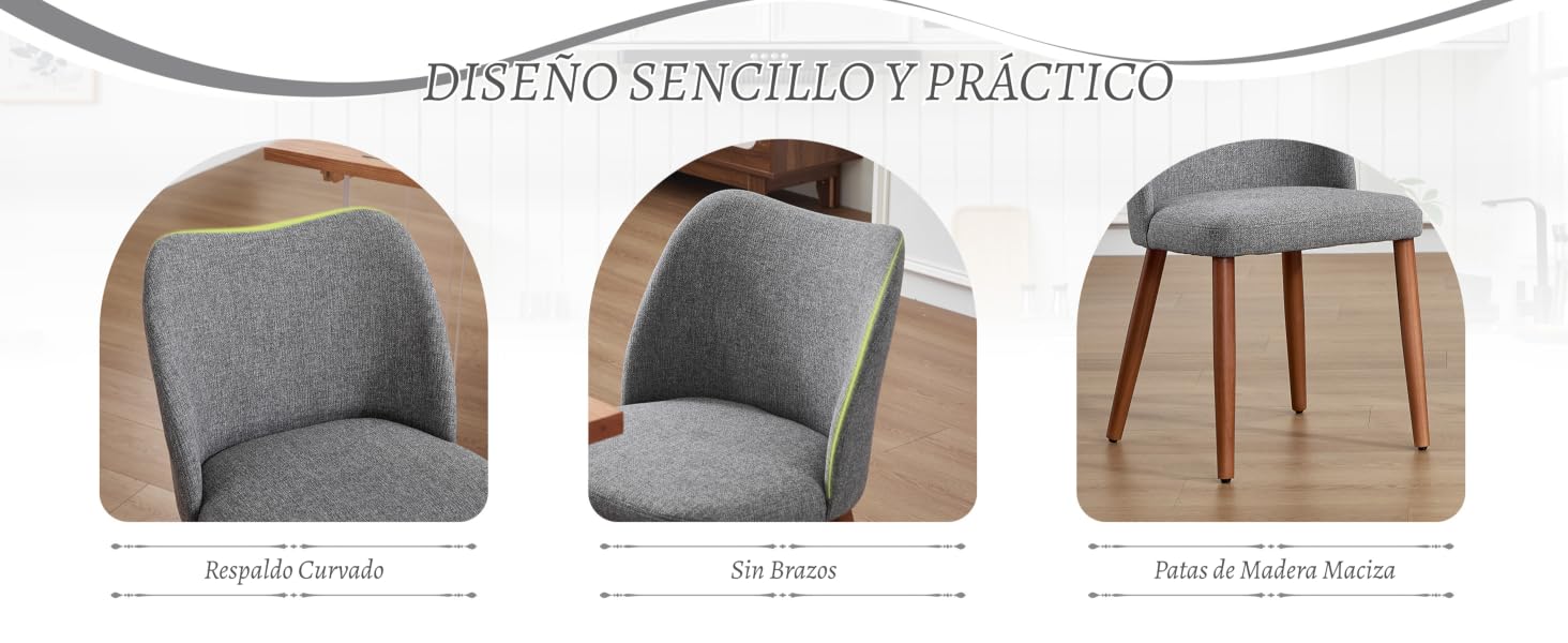 El texto dice «DISEÑO SENCILLO Y PRÁCTICO». Serie de fotos de productos que muestran sillas decorativas u otomanas tapizadas en gris con patas de madera desde diferentes ángulos.