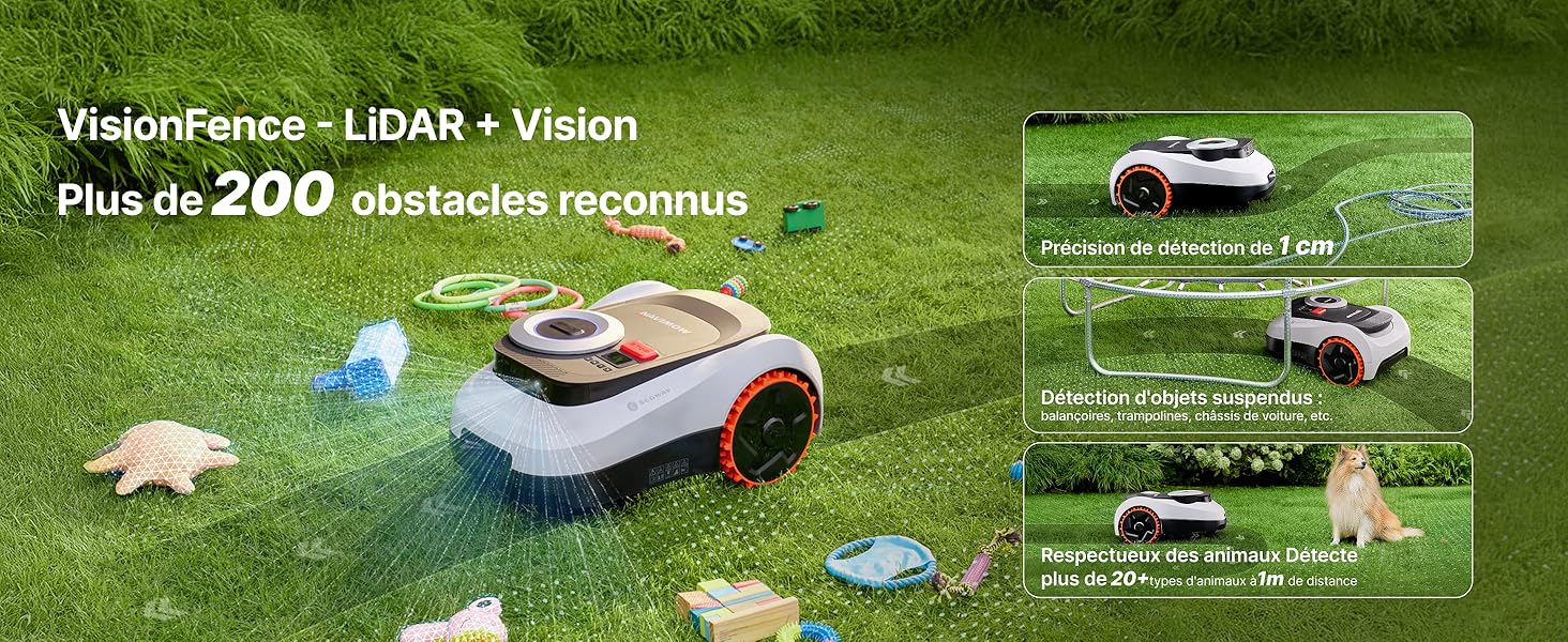 Le texte indique « VisionFence - LiDAR + Vision » et « Plus de 200 obstacles reconnus ». Plusieurs images montrant une tondeuse à gazon robotisée détectant et contournant divers obstacles sur l'herbe.