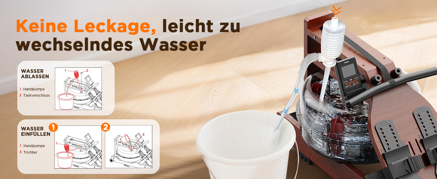 Der Text lautet „Keine Löcher, leicht zu wechselndes Wasser“. Bilderserie, die ein Wasserspendersystem für Haustiere mit einfachem Nachfüllmechanismus zeigt.