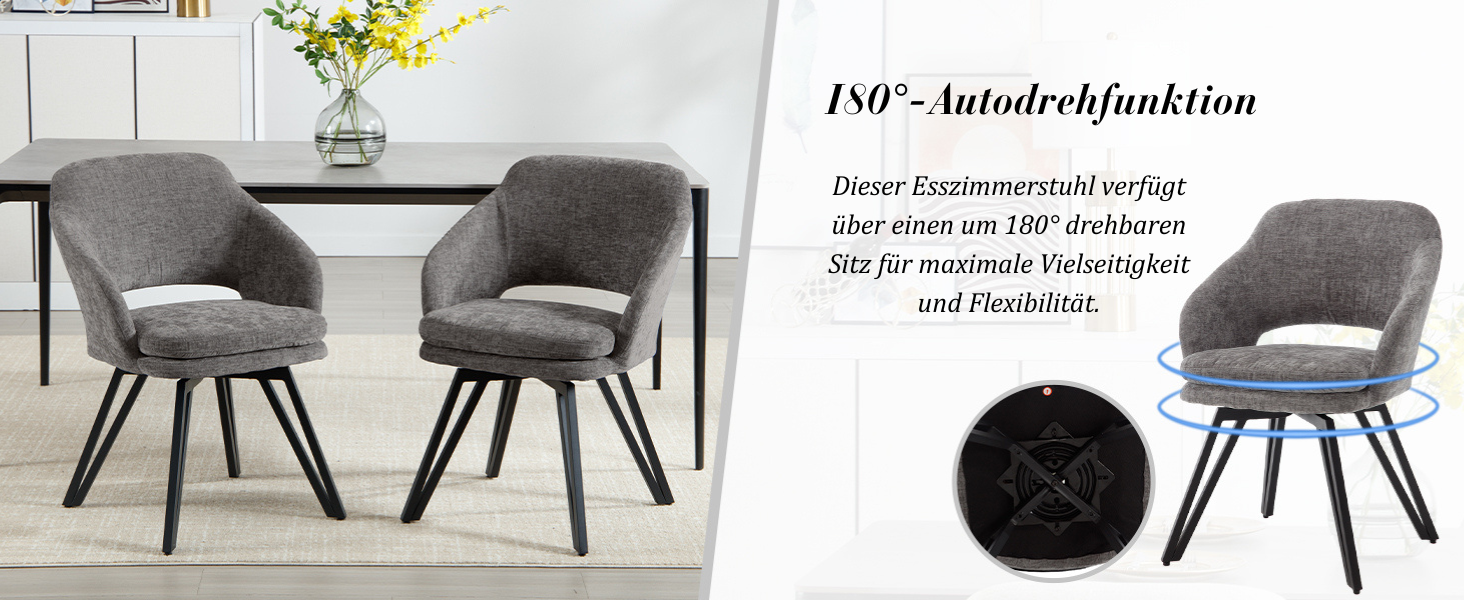 Der Text lautet 'Bild 4' und '180°-Autodrehfunktion'. Moderne Esszimmerstühle mit grauer Polsterung und schwarzen Metallbeinen, die aus mehreren Blickwinkeln dargestellt sind.