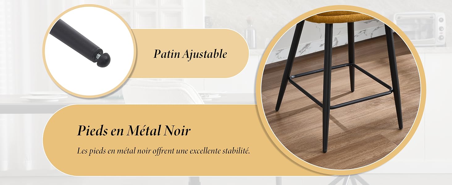 Le texte indique « Patin ajustable » et « Pieds en Metal Noir ». Image détaillée du produit montrant un repose-pieds en métal réglable et des composants de jambe en métal noir.
