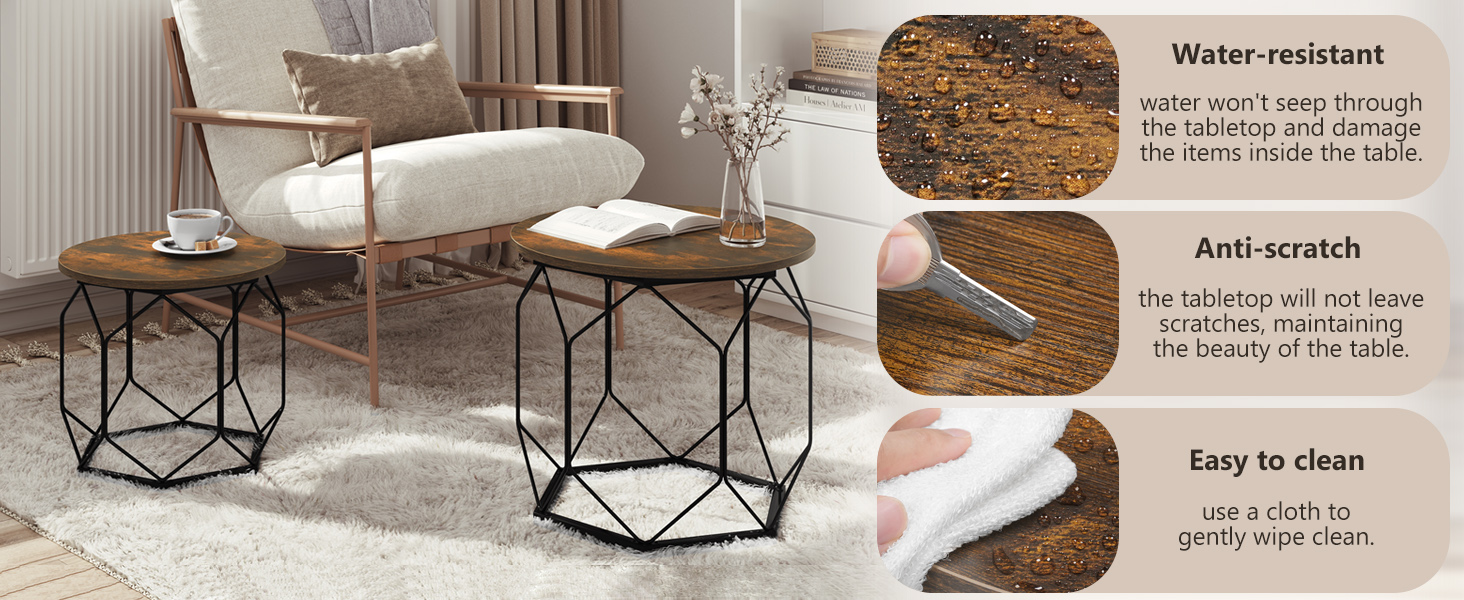 Geometric side tables with wood-look tops. Insets show water-resistant, anti-scratch, and easy-to-clean surface features.