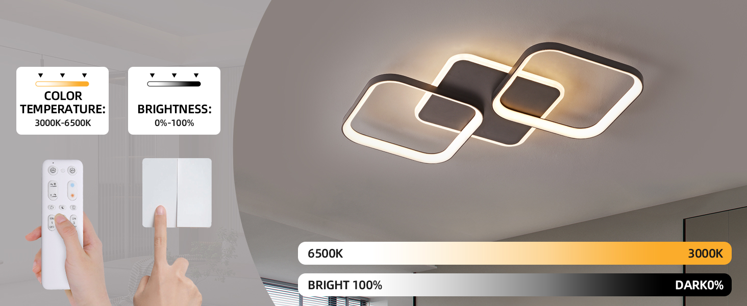 Moderne LED-Deckenleuchte mit drei ineinandergreifenden quadratischen Rahmen. Die Fernbedienung stellt die Farbtemperatur von 6500 K bis 3000 K und die Helligkeit von 0 bis 100% ein. An einer grauen Decke montiert