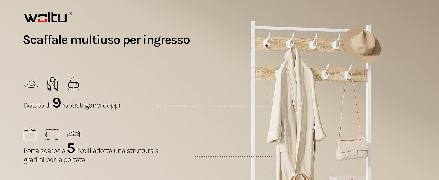 Il testo riporta «WOLU» e «Scaldino multiuso per ingresso» con icone che mostrano le specifiche e le caratteristiche di 5 dimensioni. Il prodotto sembra essere un articolo d'ingresso multiuso con le misure dimensionali elencate.