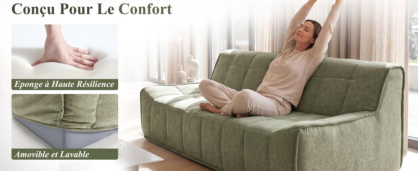 Le texte indique « Couch Pour Le Confort » et « Confort à Votre Portée ». Femme se relaxant sur un fauteuil rembourré vert avec coussins et couverture dans un cadre confortable.