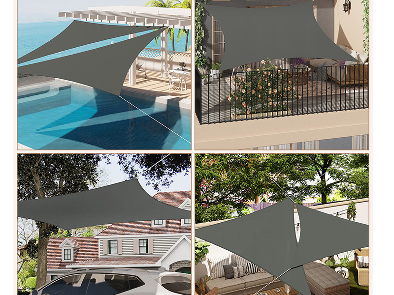 Collage of four outdoor scenes featuring triangular shade sails. Sails provide cover over pool, patio, driveway, and garden areas in dark gray color.