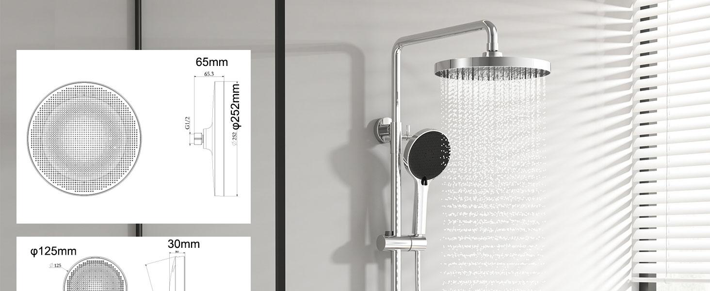 Schéma technique montrant les dimensions et les spécifications d'un système de pomme de douche moderne et d'une unité murale en niveaux de gris.