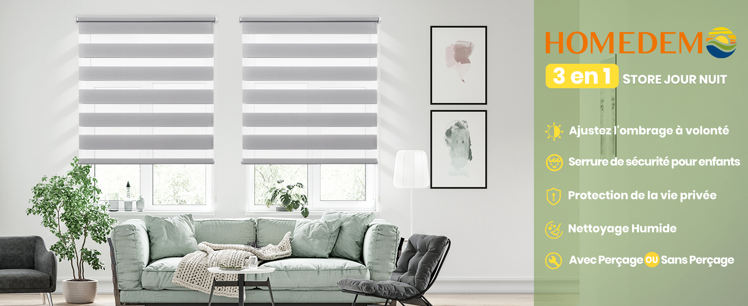 avec les caractéristiques énumérées : absorbe l'humidité, antidérapant, protège le sol. L'image montre des stores zébrés blancs dans un salon moderne.