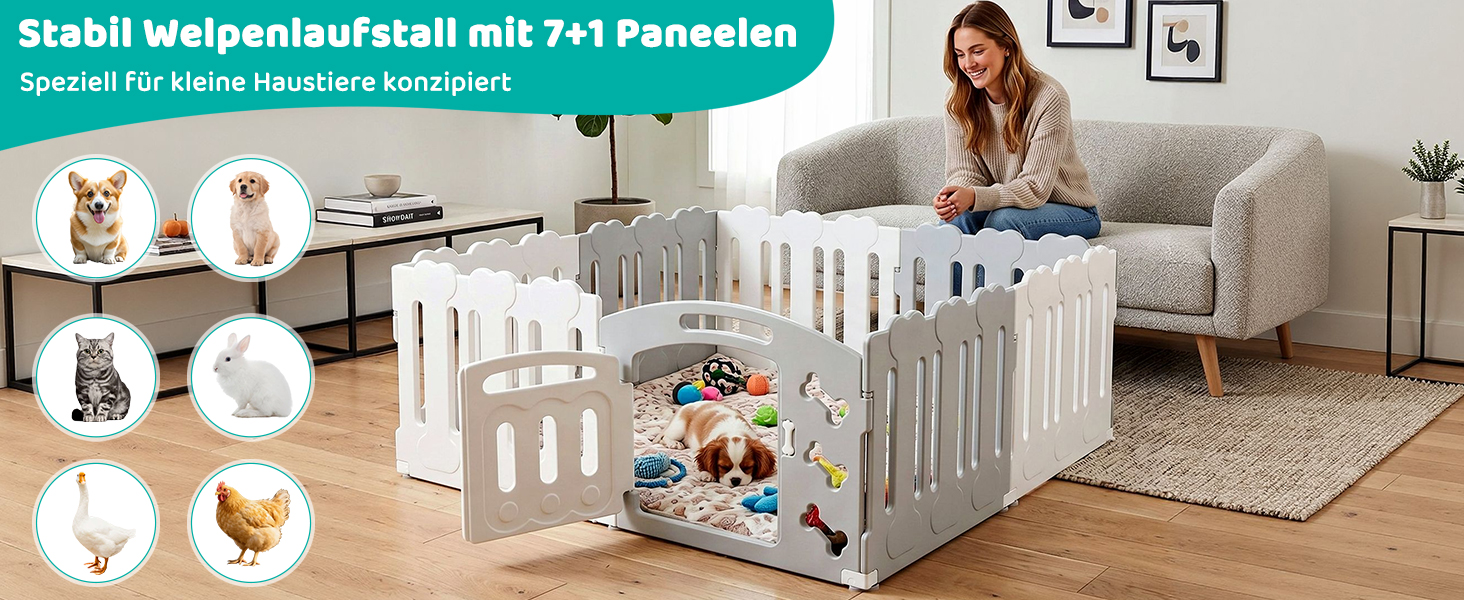 Le texte se lit comme suit : « Stabil Welpenlaufstall mit 7+1 Panelen ». Parc pour chiots en bois blanc avec 7+1 panneaux exposé dans le décor de la chambre de bébé avec divers accessoires pour animaux de compagnie représentés par des icônes circulaires autour du produit.