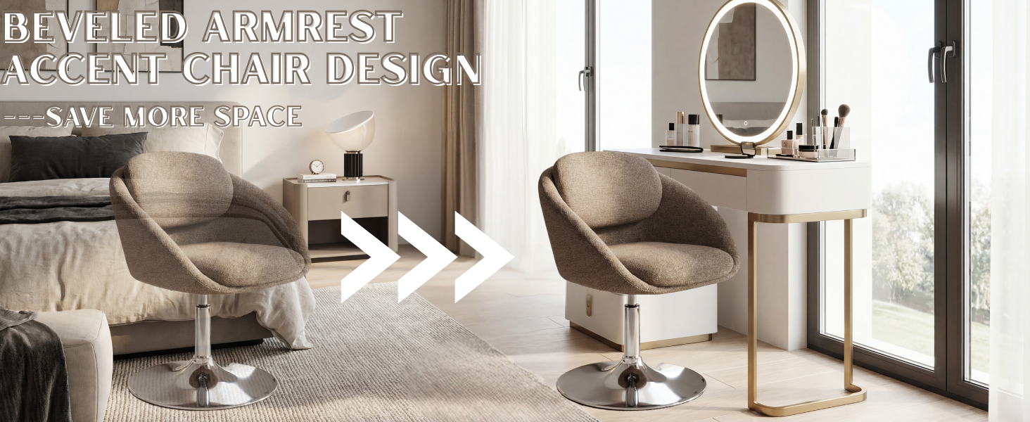 Text reads 'BEVERLY ARMREST ACCENT CHAIR DESIGN'. Modern salon setup with two gray swivel chairs and vanity stations with illuminated mirrors.