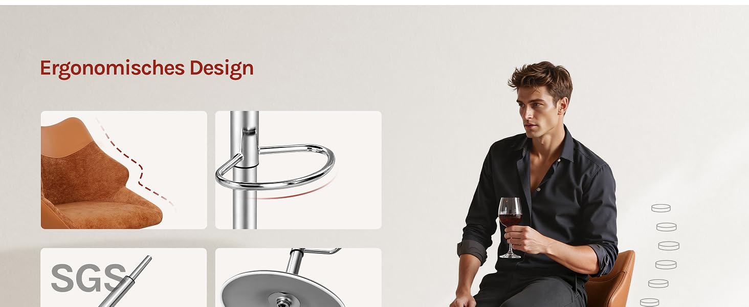 Der Text lautet „Ergonomisches Design“ und „SGS“. Das Bild zeigt das Design einer braunen Ledertasche, technische Strichzeichnungen und eine Person in dunkler Kleidung mit Tasche.