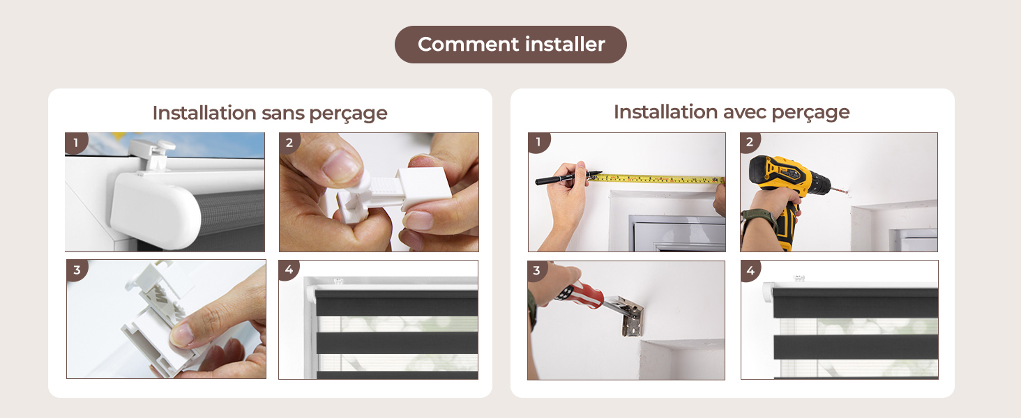 Le texte se lit comme suit : « Comment installer l'installateur ». Guide d'installation présentant plusieurs panneaux avec des instructions de montage étape par étape comprenant les étapes de perçage et d'installation du matériel.