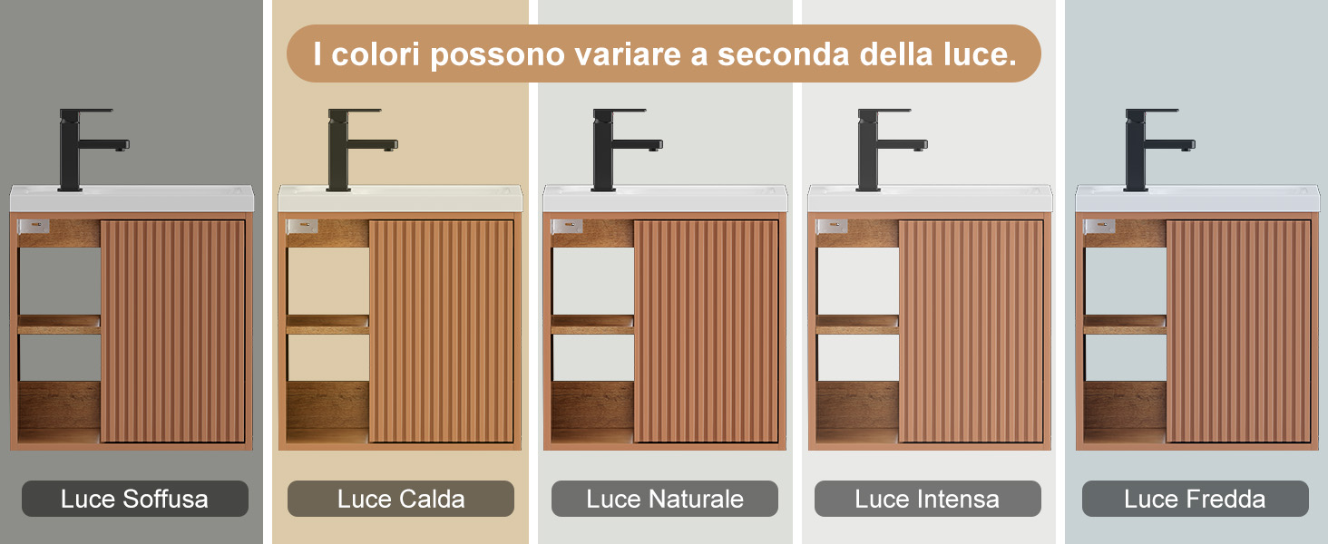 Il testo recita «I colori più belli tra i quali scegliere» con opzioni di porte in legno etichettate: «Luce Soffiata», «Luce Caldo», «Luce Naturale», «Luce Bianca», «Luce Fredda». Cinque modelli di contenitori in legno mostrati con armadi con frontale in vetro.