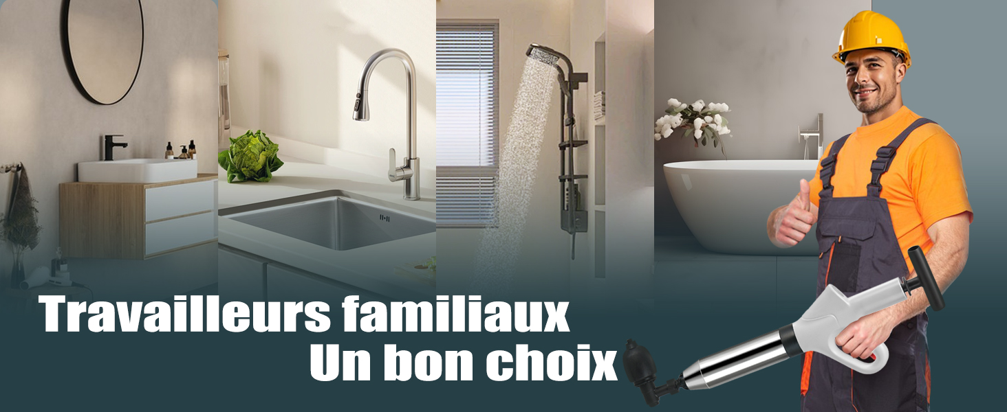Immagine composita di sanitari moderni, tra cui un lavandino, un rubinetto e una vasca da bagno, accanto a un operaio edile con una maglietta arancione e un casco che fa un pollice in su