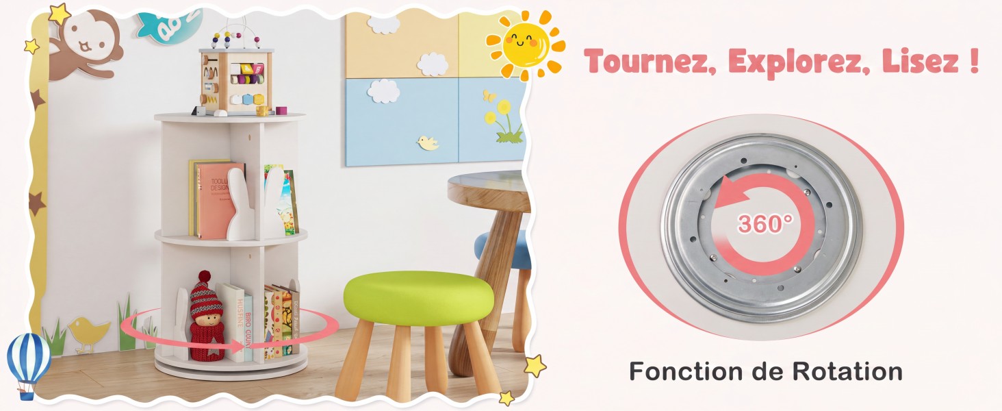 Le texte se lit comme suit : « Tournez. Explorez. Bises ! » avec une image du produit montrant un set de jeu en forme de maison de poupée avec fonction rotative, plusieurs niveaux de pièce, des accessoires et une base circulaire rose étiquetée « Fonction de rotation ».