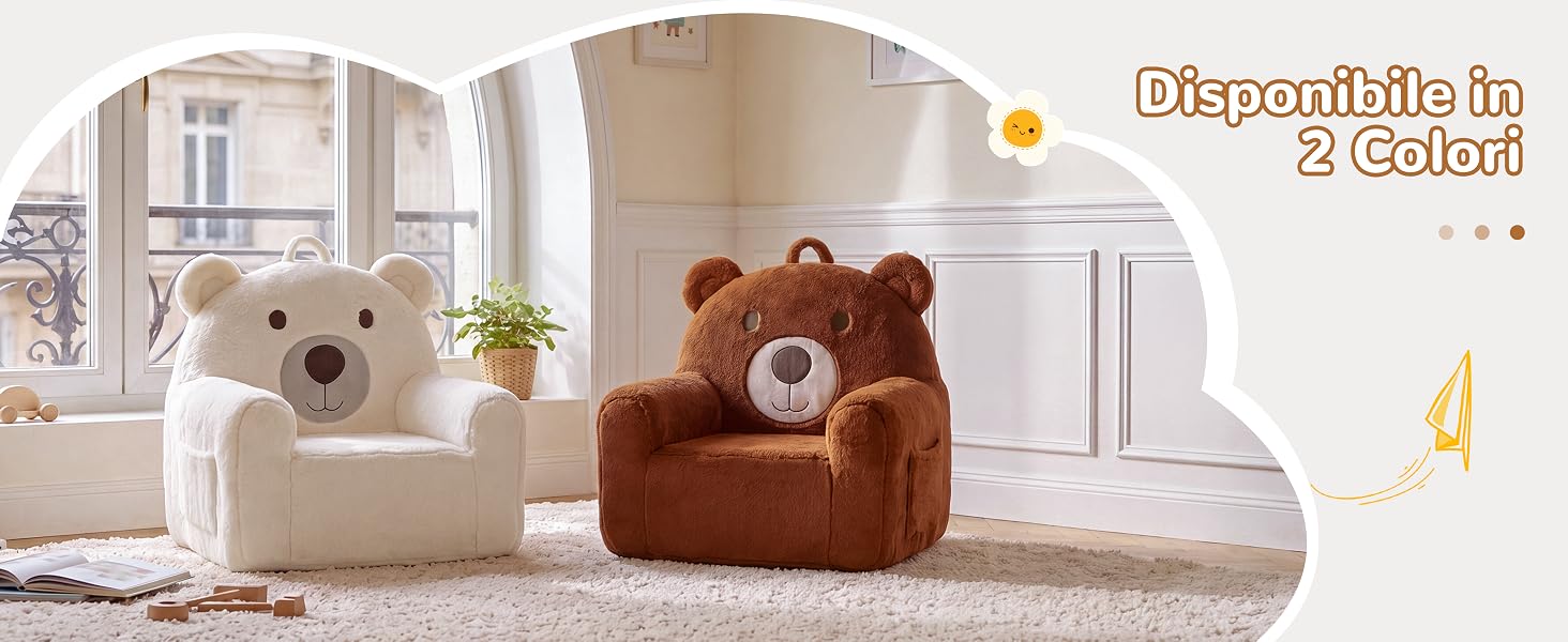 Il testo dice 'Disponibile in 2 Colori'. Nella foto sono mostrate due sedie in peluche a forma di animale: sedute a forma di orsacchiotto beige chiaro e marrone.