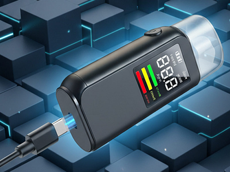 Digital tire pressure monitoring device with gauge display showing measurement scale and colored indicator bands on dark tech background.