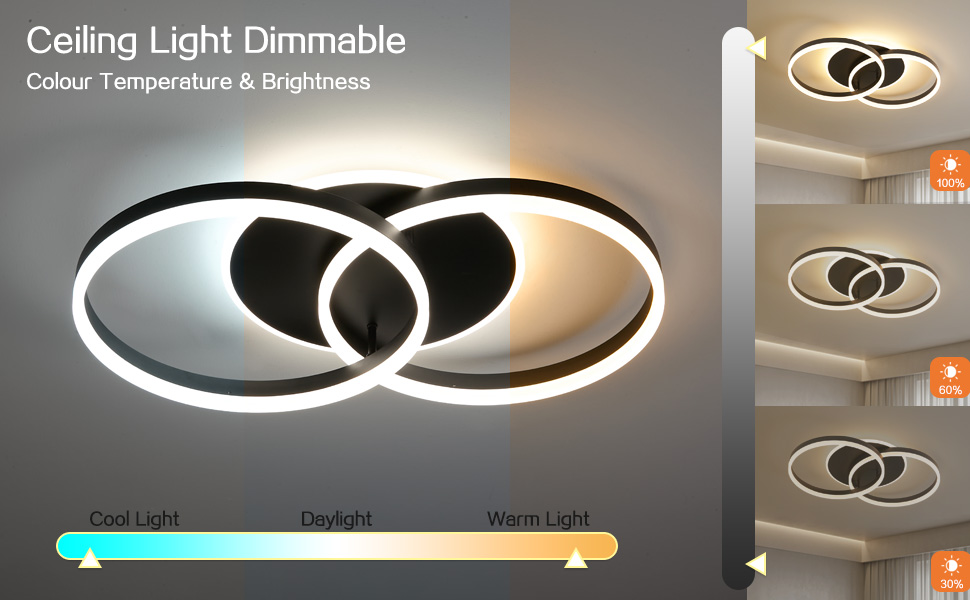 Der Text lautet „Deckenleuchte dimmbar“, „Farbtemperatur und Helligkeit“, „Kaltes Licht“, „Tageslicht“, „Warmes Licht“. Moderne LED-Deckenleuchte mit sich kreuzenden Ringen, die in verschiedenen Lichtmodi dargestellt werden.