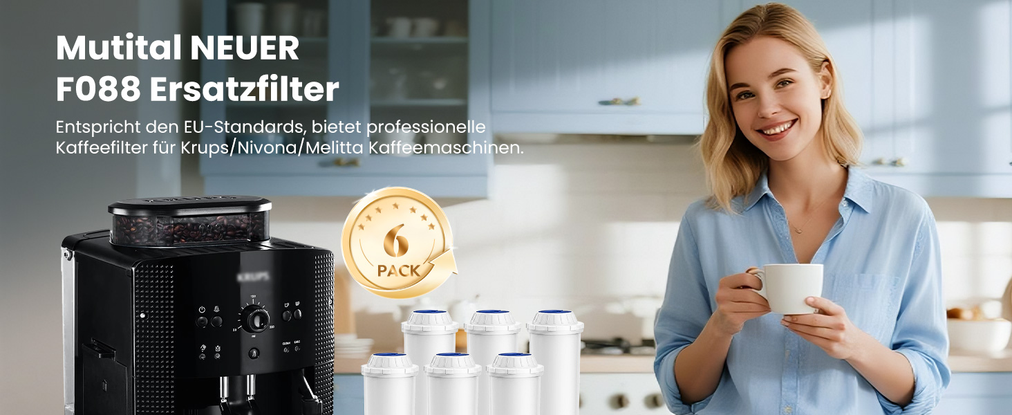 Der Text lautet „Multital NEUER FOBB Ersatzfilter“ und Produktdetails. Frau hält eine Kaffeetasse neben einer schwarzen Kaffeemaschine, auf der die Verpackung des Ersatzfilters abgebildet ist.