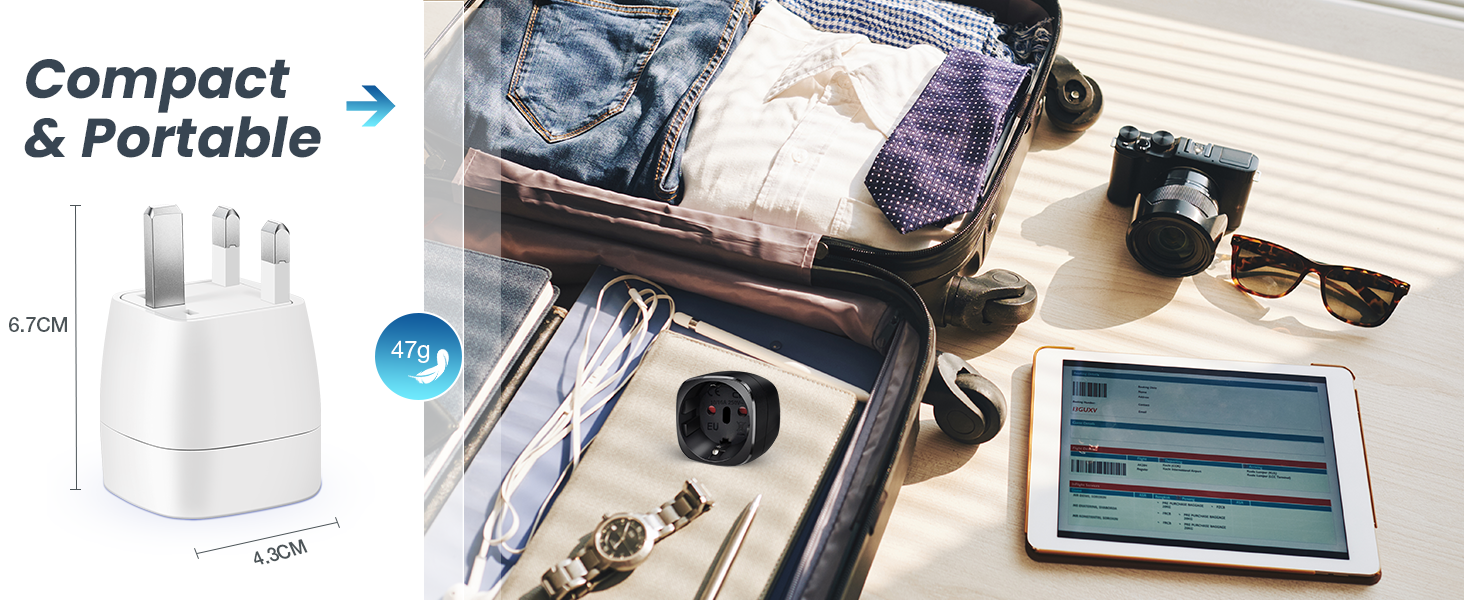 Appareil de voyage compact présenté à côté d'une valise contenant des vêtements, un appareil photo, des lunettes de soleil et une tablette.