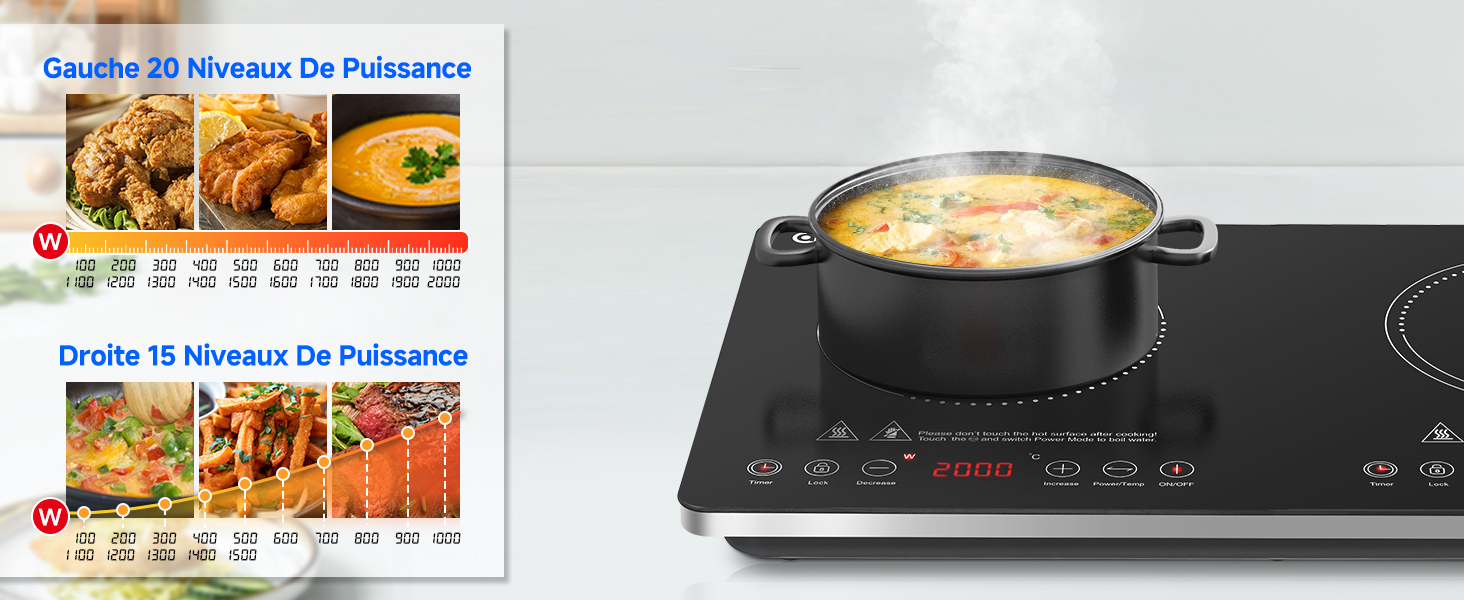avec surface noire et commandes numériques. Une marmite de soupe se trouve sur le brûleur gauche, tandis que les tableaux des niveaux de puissance de cuisson sont affichés sur la gauche.