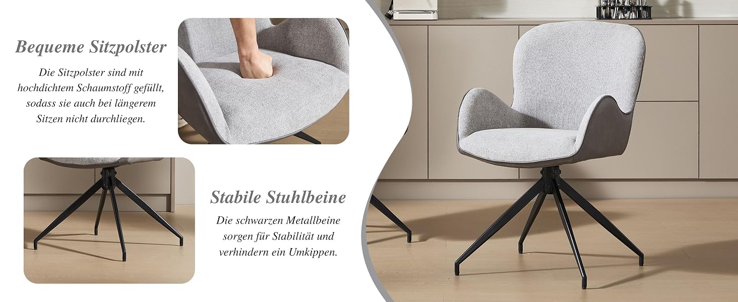 Der Text lautet „Bequeme Sitzmöbel“. Moderner, grau gepolsterter Drehstuhl, aus mehreren Blickwinkeln dargestellt, mit geschwungenem Sitzdesign und schwarzem Metallgestell.