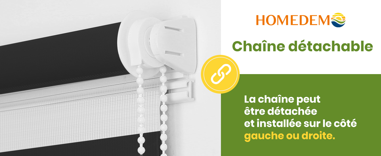 avec mécanisme à chaîne amovible. L'image montre que la chaîne peut être installée à gauche ou à droite, avec le texte « Chaîne détachable