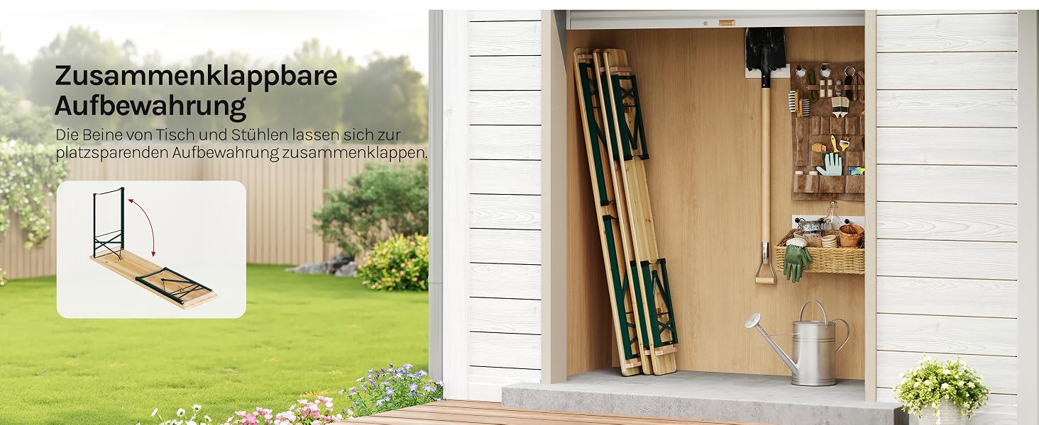 Der Text lautet „Zusammenklappbare Aufbewahrung“. Deutschsprachiges Werbebild, das links eine weiße Lagerschuppenaußenseite und rechts offene Innenregale mit verschiedenen Artikeln zeigt.