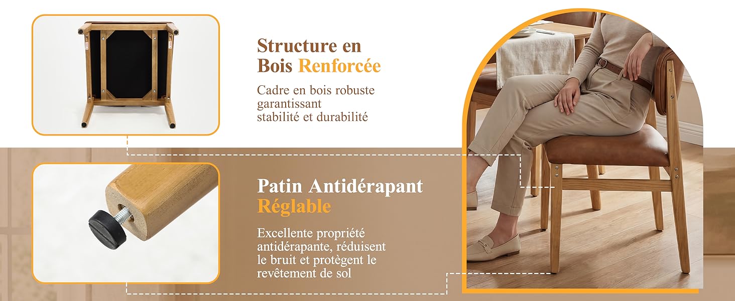 Le texte indique « Strutture en Bois » (Structures en bois) et « Palin Antidérapant » (Patins antidérapants). Détail du cadre de la chaise montrant une construction en bois et un rembourrage antidérapant sur les pieds. Fauteuil rembourré beige partiellement visible.