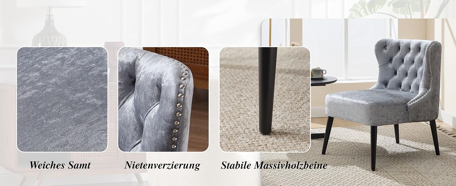 Kollektion grauer gepolsterter Esszimmerstühle mit getufteter Rückenlehne und Holzbeinen, die aus mehreren Blickwinkeln vor weißem Hintergrund dargestellt sind.
