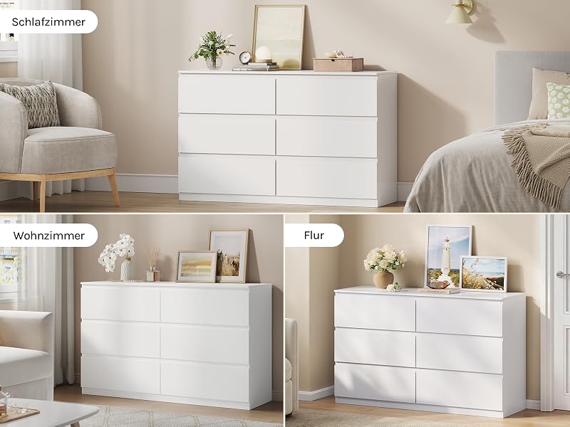 Vergleich weißer moderner Schlafzimmermöbel mit drei Paneelen: Nachttisch, breite Kommode und hohe Kommode, alle mit klaren Linien und minimalistischem Design.
