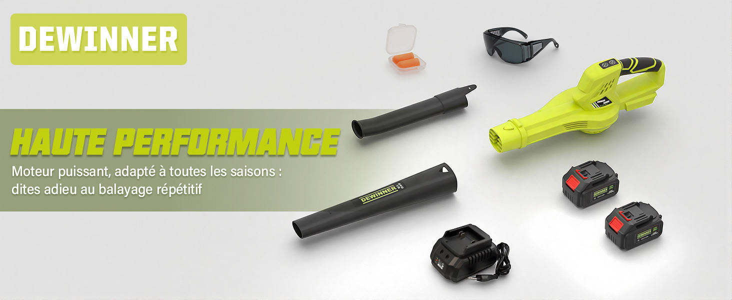 Le texte indique « DEWINNER HAUTE PERFORMANCE ». Disposition du produit montrant divers composants et accessoires de vélo noirs et jaune fluo sur fond blanc.