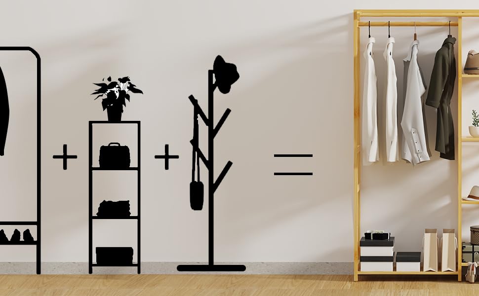 Appendiabiti per guardaroba aperto: appendiabiti in bambù con ripiani appendiabiti