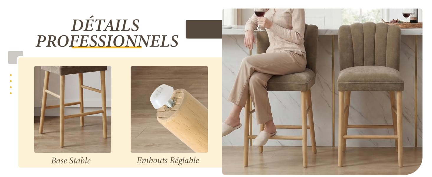 Le texte indique « DÉTAILS PROFESSIONNELS ». L'image montre la décoration intérieure de meubles comprenant des fauteuils rembourrés dans les tons taupe et beige avec des cadres en bois dans la décoration de la pièce.