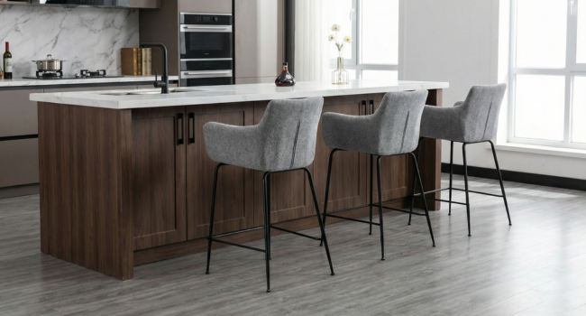 Modern minimalist kitchen and dining area with white cabinetry, dark countertops, and contemporary dining chairs, shown from multiple angles.