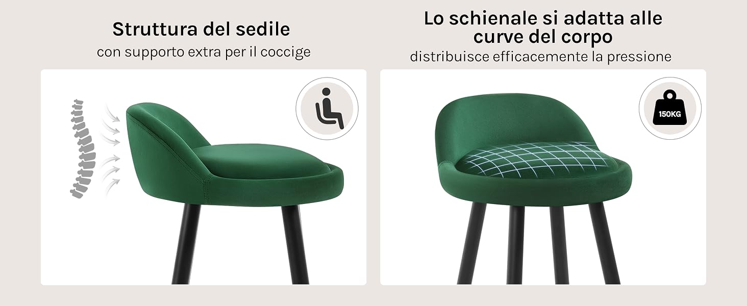 Sedia imbottita verde con schienale curvo e gambe nere. Immagine divisa che mostra una struttura interna simile a una spina dorsale e un cuscino di seduta trapuntato