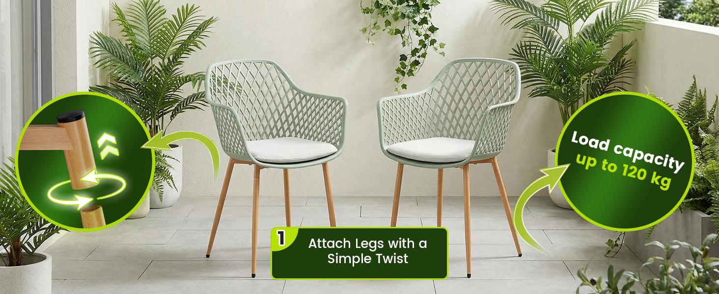 Le texte indique « Siège à grande capacité » et « Respirant ». Chaises modernes en maille blanche avec pieds en métal doré disposées sur un patio aux accents de plantes vertes.