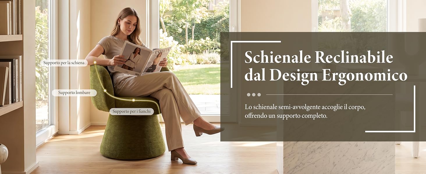 Il testo recita «Schicksale Reclinabile dal Design Ergonomico». Donna seduta su una sedia reclinabile imbottita di colore beige/marrone chiaro vicino alla finestra con luce naturale, che dimostra un design ergonomico e un posizionamento confortevole.
