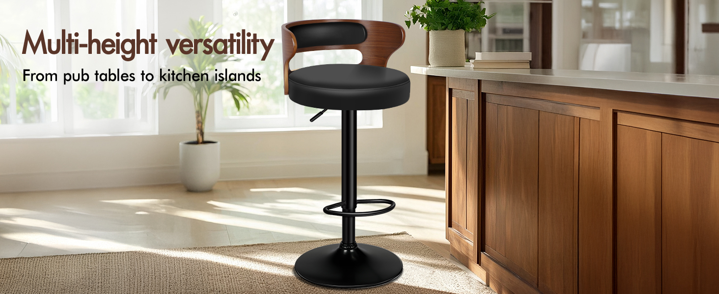Text reads 'Multi-height versatility'. Multiple views of a black adjustable stand or mount system shown against white brick wall background.
