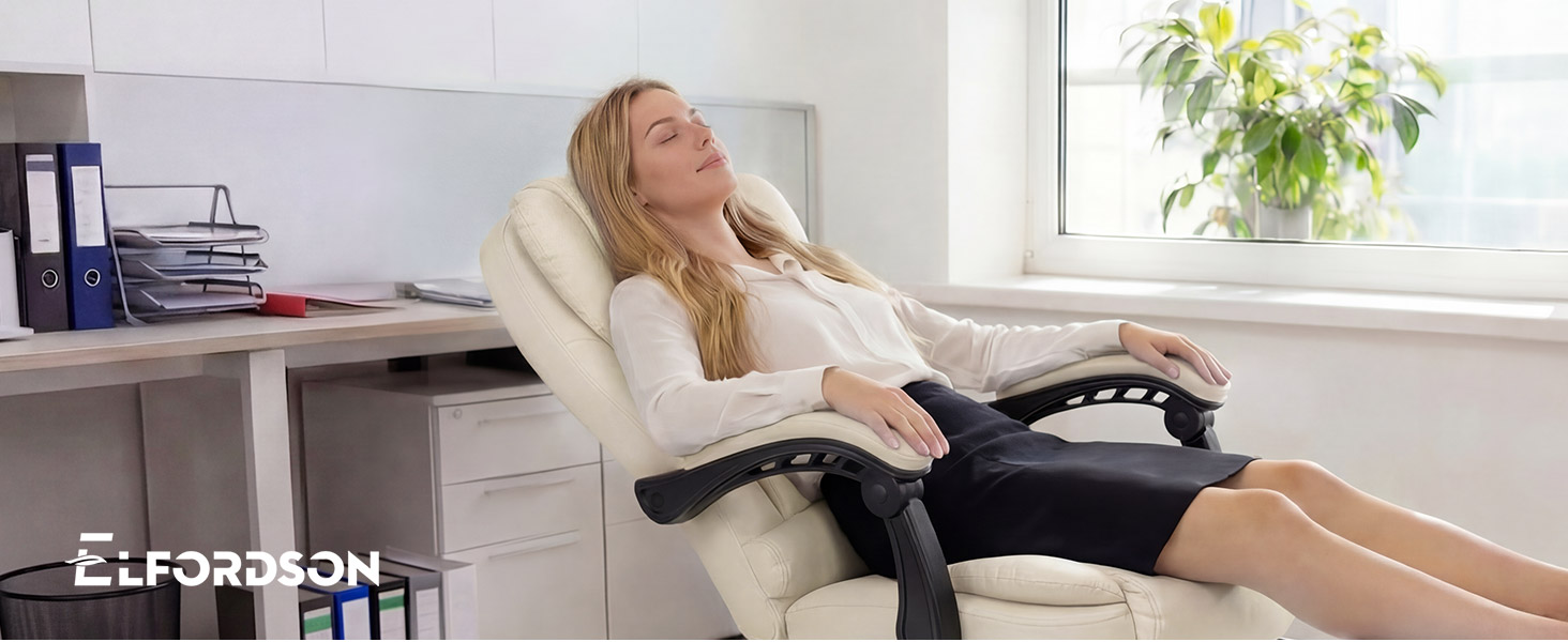 Text reads "ELFORDSON". Woman in beige reclining chair with black footrest in modern office setting with desk, shelving, and potted plant.