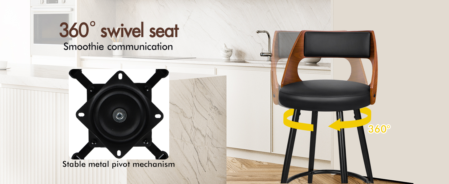 Text reads '360° swivel seat'. Additional view of same black office chair showing seat rotation mechanism and wooden armrest details from different angles.