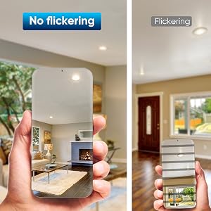 Side-by-side comparison showing smartphone camera views of an interior space, demonstrating 'No flickering' versus 'Flickering' effects.
