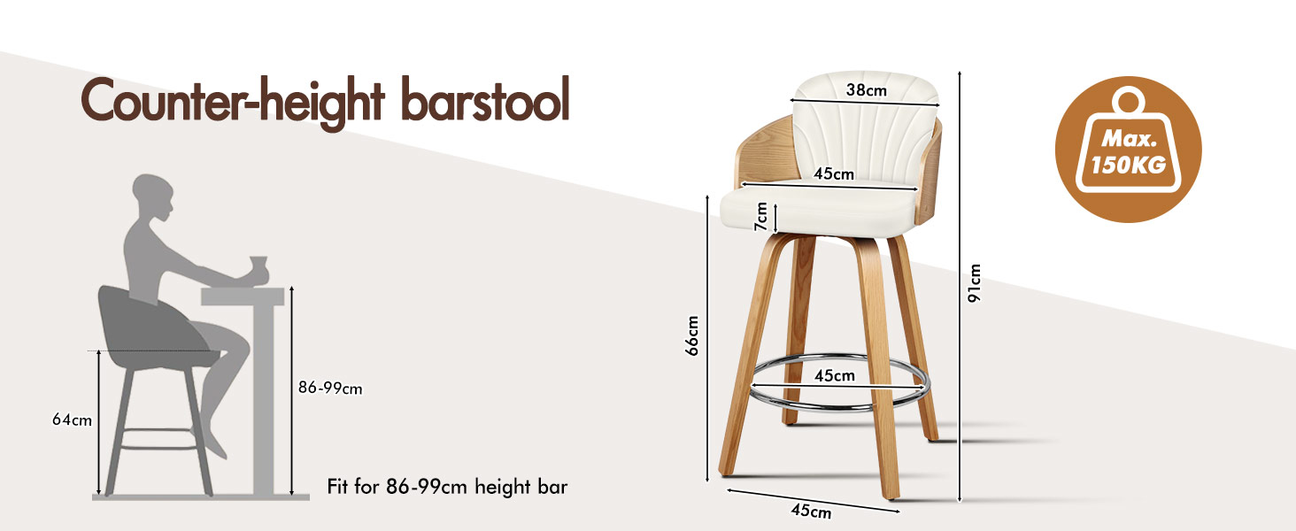 Text reads 'Counter-height barstool'. Technical diagram showing different views and measurements of a wooden barstool design.