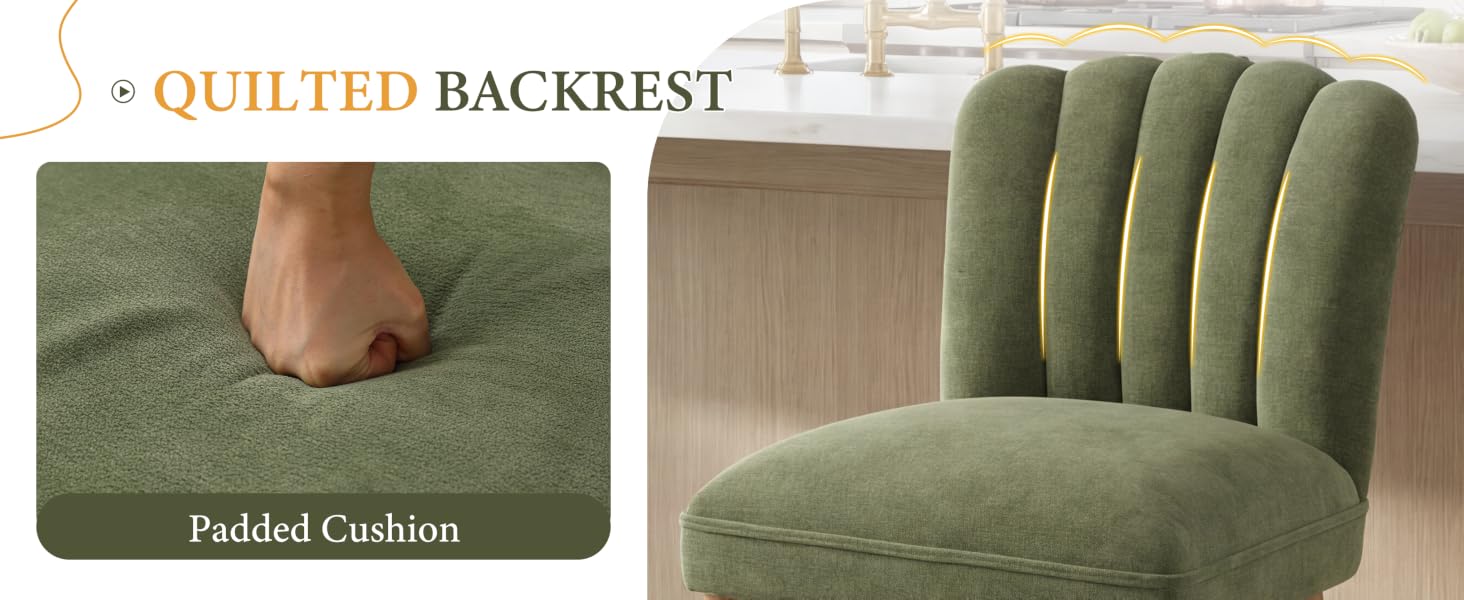 Text: 'QUILTED BACKREST', 'Padded Cushion'. Green velvet chair with quilted back design and cushioned seat.