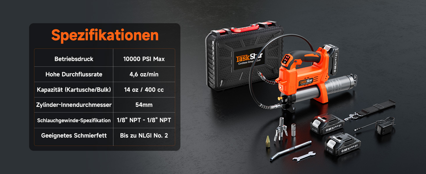 Der Text lautet „Specifikationer“. Das Produktbild zeigt ein orangefarbenes und schwarzes Elektrowerkzeug oder Gerät in Tragetasche mit Zubehör.
